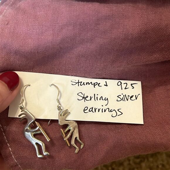 Native American 925 Sterling Silver Kokopelli Earrings with Gold Tone - Picture 1 of 7
